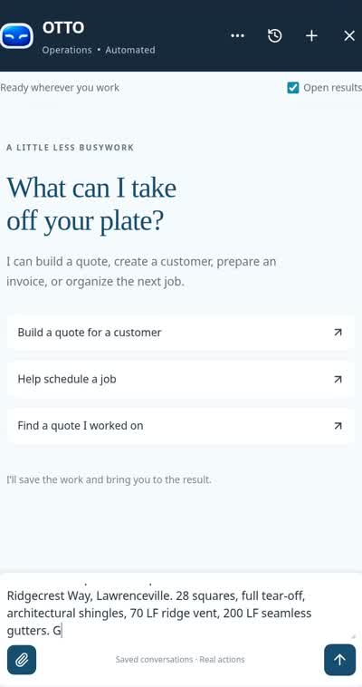 The Otto panel inside Service Storm: a roof replacement request typed in, and a saved three-option quote with a 30% deposit