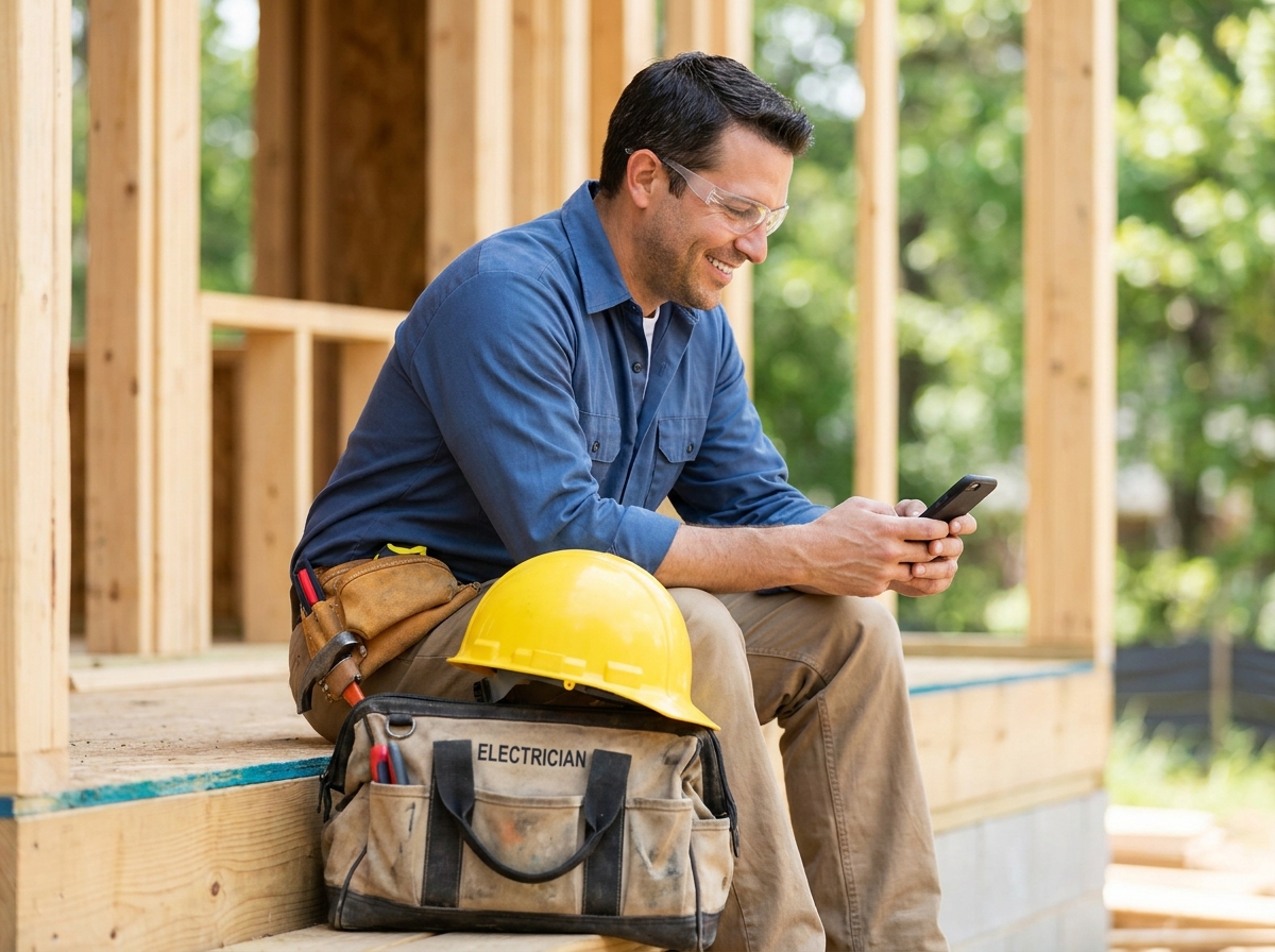 Electrician in a blue uniform reviewing marketing results on a phone at a job site