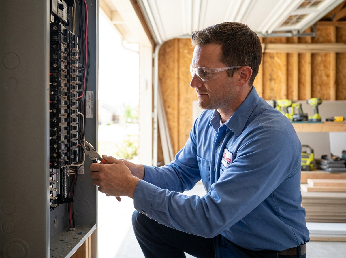 Licensed electrician in a blue uniform wiring a panel on a new job site