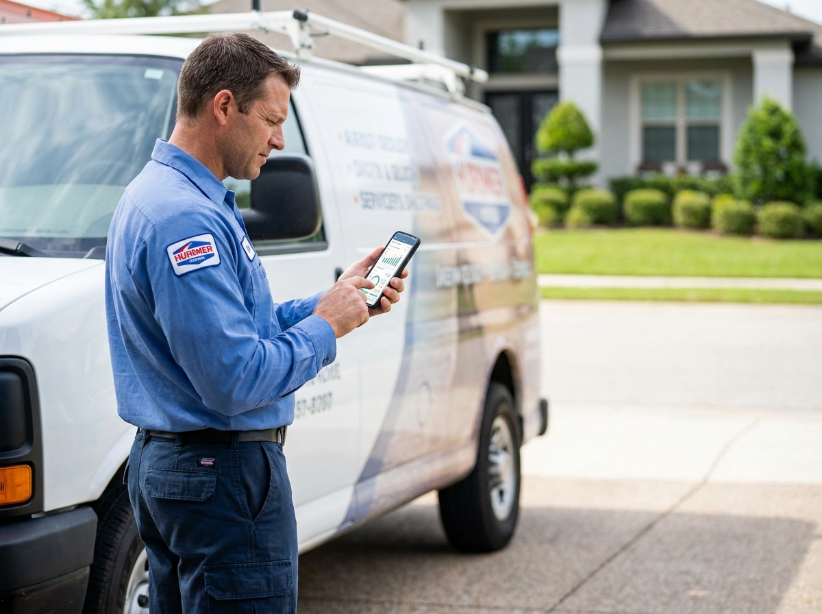 Home service pro in a blue uniform checking marketing performance on a phone by a branded work van