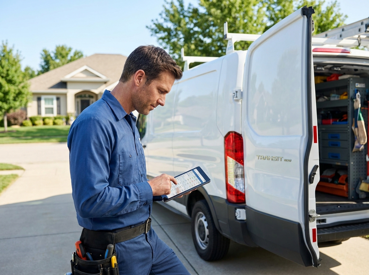Field service technician reviewing Housecall Pro pricing plans on a tablet