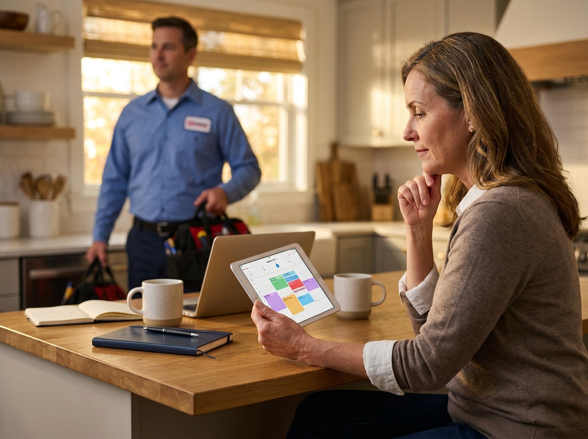 Home service business owner comparing Jobber and Housecall Pro software on a tablet