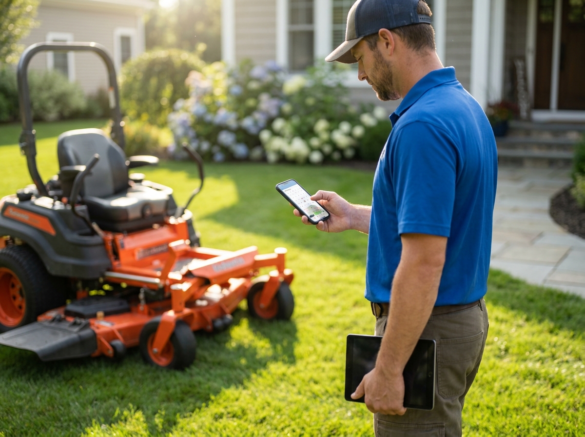 Landscaping crew member reviewing a job schedule on a phone at a work site
