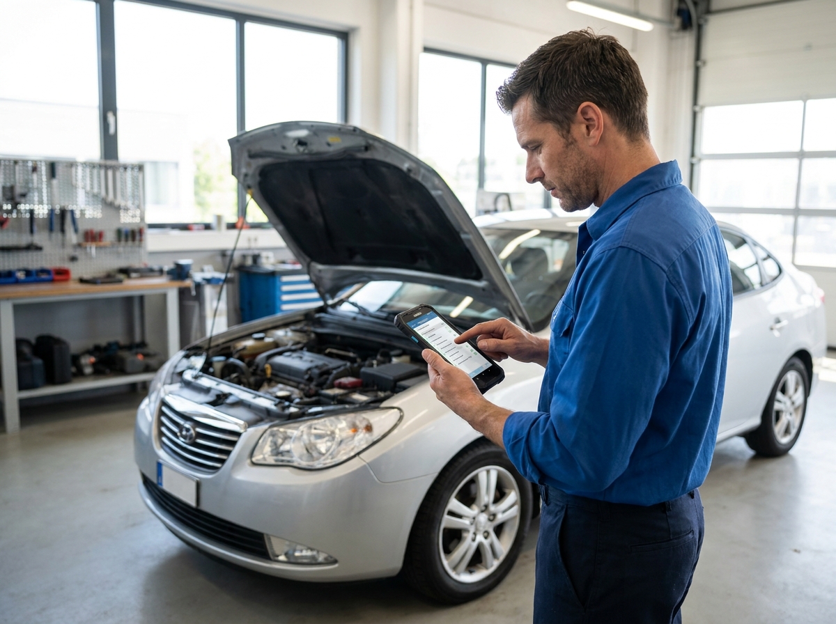 Auto mechanic reviewing a repair order on a mobile device beside a vehicle