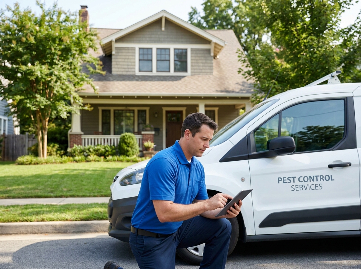 Pest control technician reviewing a service route on a mobile device