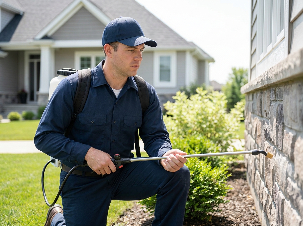 Pest control technician preparing equipment for a service call