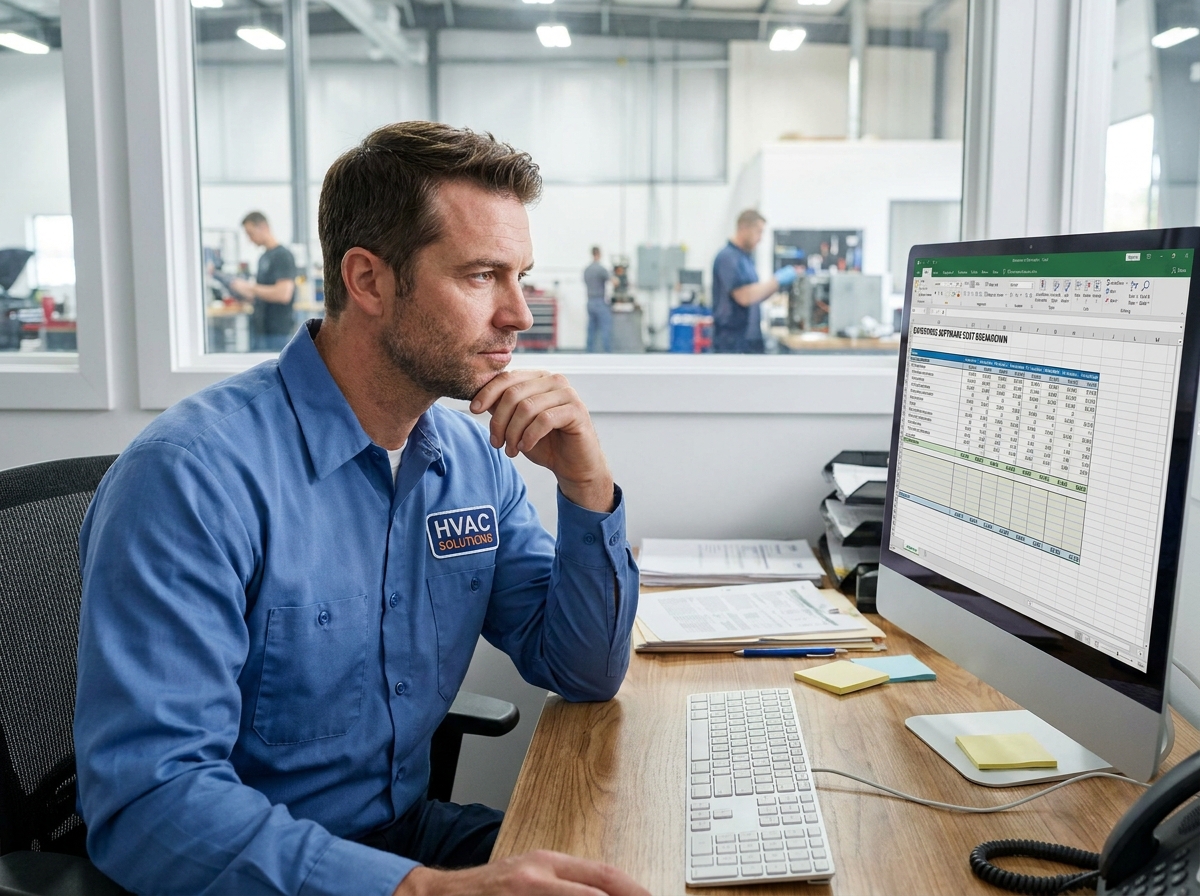 HVAC business owner reviewing enterprise field service software pricing at a desk