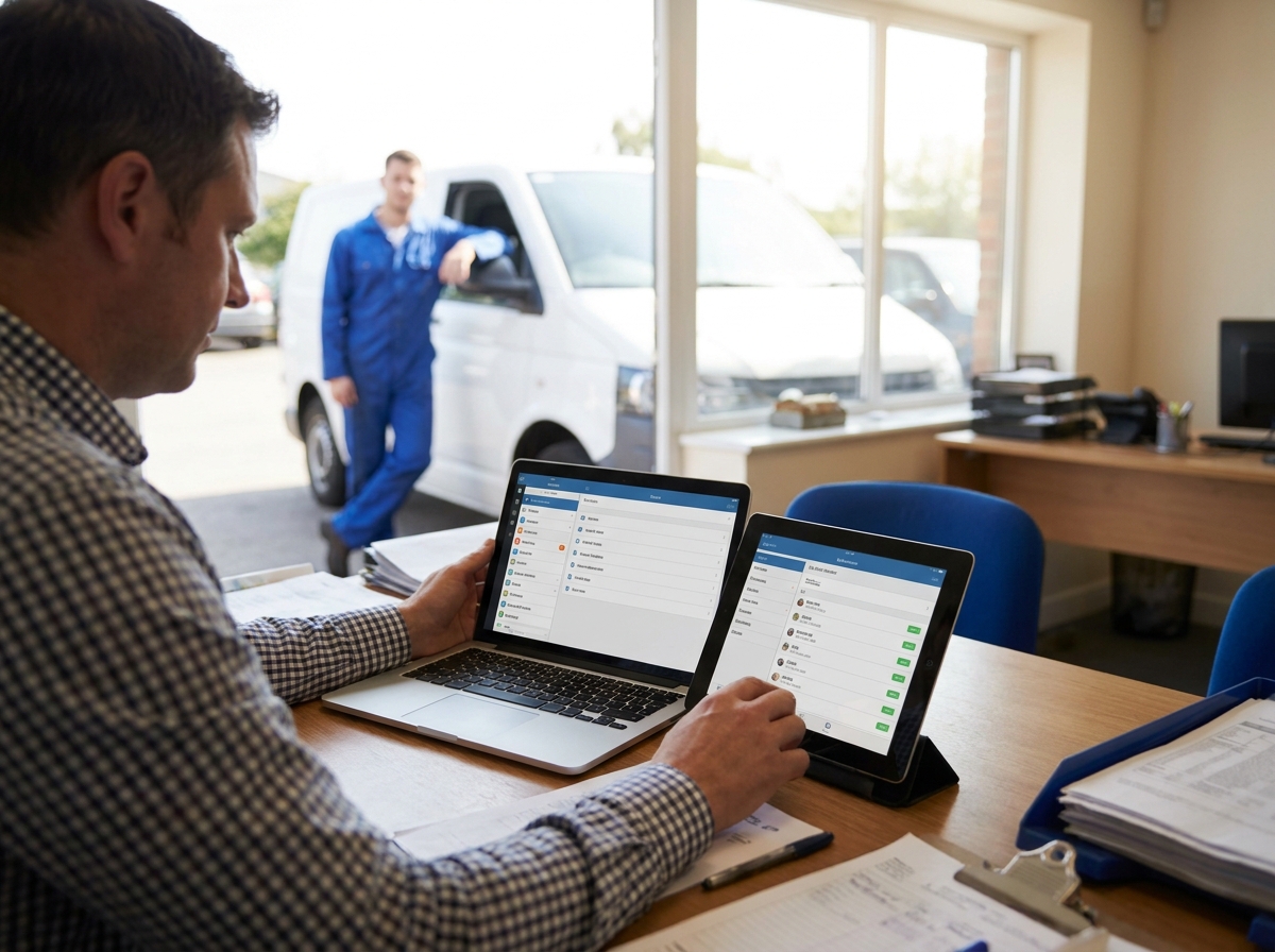 Field service business owner comparing ServiceTitan and Jobber software on a laptop and tablet