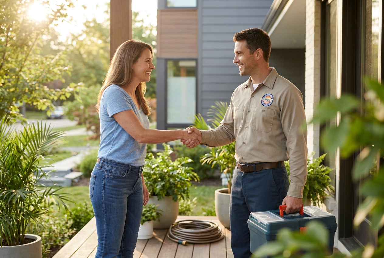 Electrician and homeowner shaking hands after completing an installation