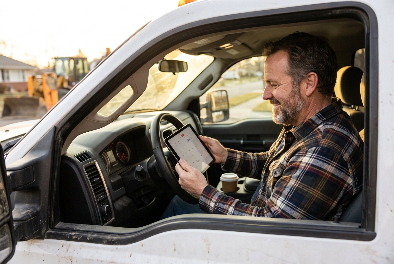 Field service business owner using calculators on a tablet