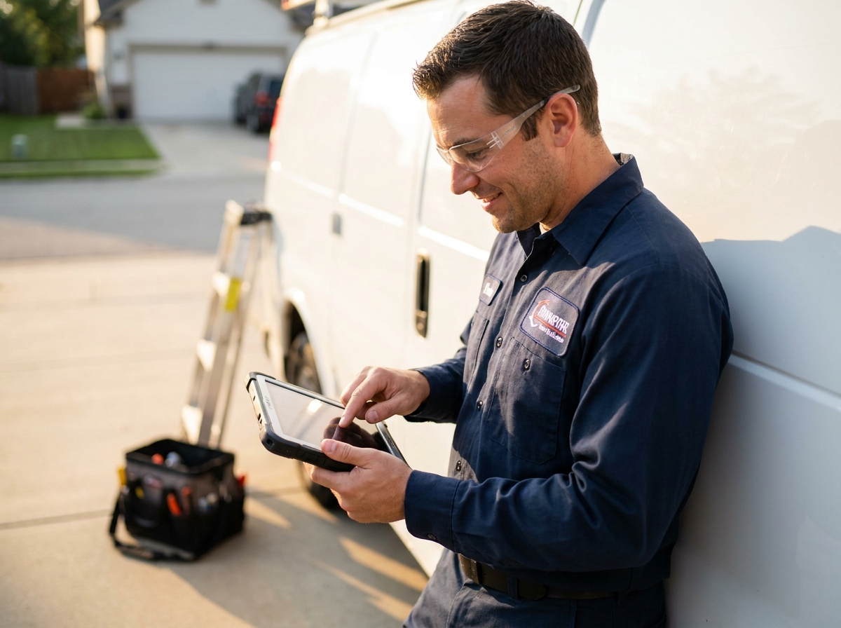 Service technician creating and sending an invoice from a tablet after a job