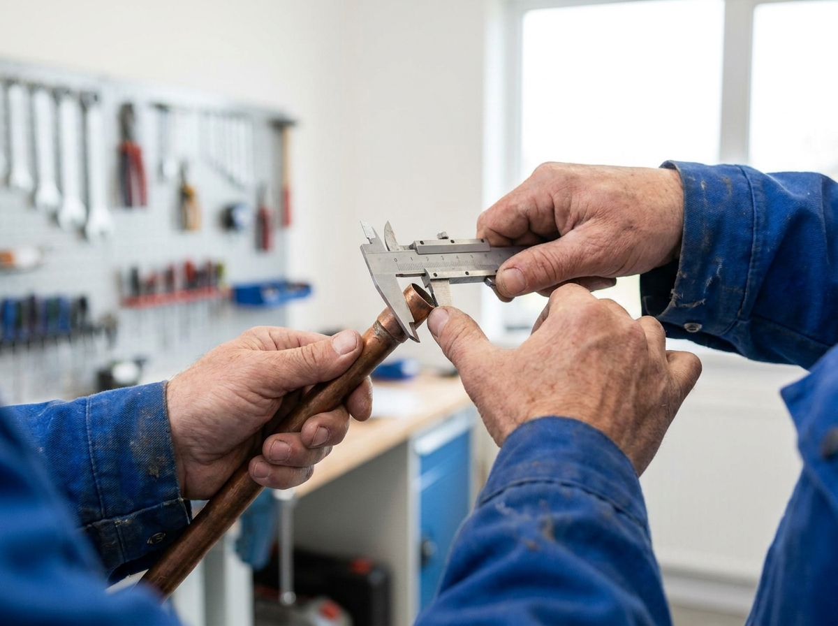 Plumber measuring pipe to estimate water volume and capacity
