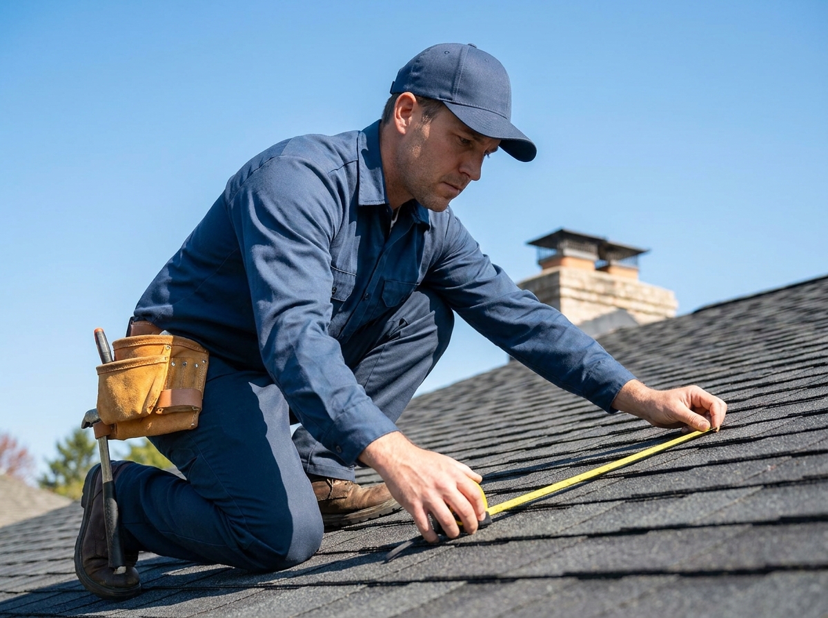 Roofing contractor measuring a roof to estimate squares and bundles